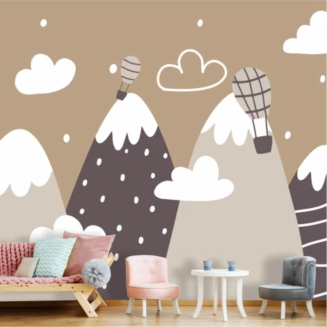 Children\'s wallpaper with mountains, balloons, and clouds in Scandinavian style. Light-colored walls for a nursery.