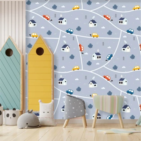 Kids\' wallpaper Village, featuring roads, cars, houses, and trees 0408 - Brightly colored children\'s room decor.