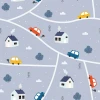Children\'s wallpaper Village, featuring roads, cars, houses, and trees on a gray background.