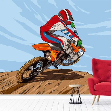 Motocross youth wallpaper 0378 - Graphic design featuring a motorcyclist in a red and white outfit jumping.