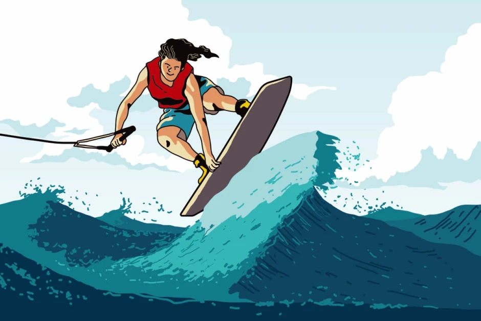 Youth wallpaper Wakeboarding among waves 0379 - Graphic design. A woman jumps on a board over waves, with sky and clouds in the background.