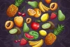 Fruit-themed kitchen and dining wallpaper 0381 - Graphic design featuring various fruits on a dark background, including pineapples, bananas, and strawberries.