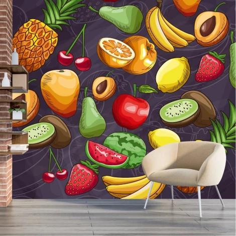 Kitchen and dining room wallpaper Fruits 0381 - Modern interior design with gray-toned walls.