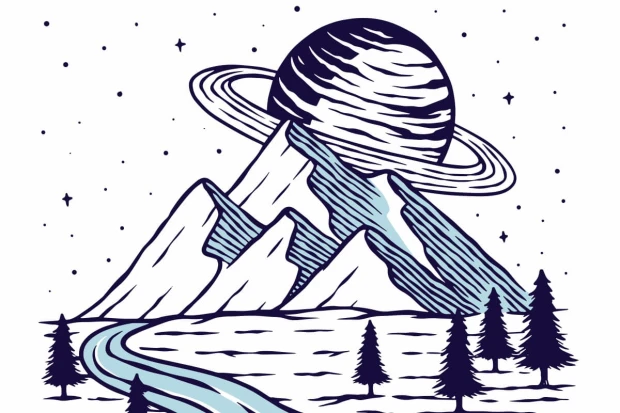 Boy\'s room wallpaper Mountains with planet background 0406 - Graphic design featuring mountains, ringed planet, trees, and river.