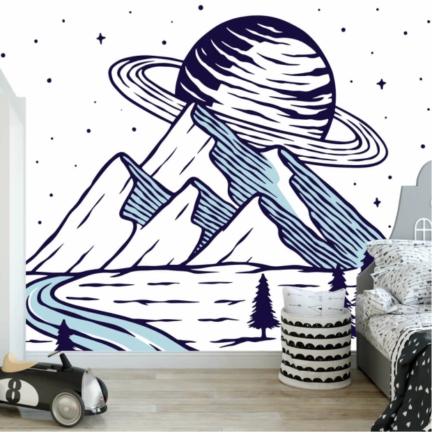 Boys\' room wallpaper with mountains and planet background 0406 - Bright modern decor for a children\'s room.