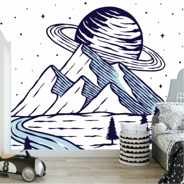 Boys\' room wallpaper with mountains and planet background 0406 - Bright modern decor for a children\'s room.