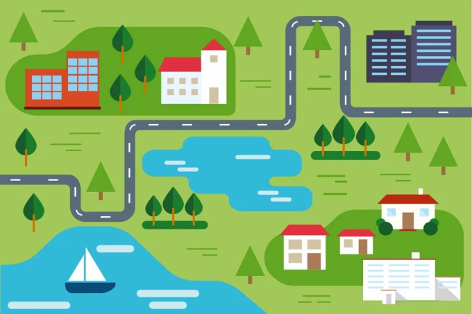 Children\'s room wallpaper Landscape, city and countryside road 0412 - Graphic design featuring a green landscape.