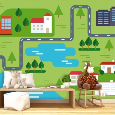Children\'s room wallpaper Landscape, city and countryside road 0412 - Decor for a child\'s room. Wall color options available.