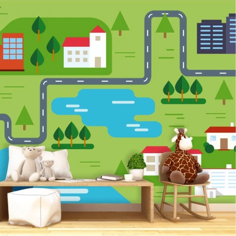 Children\'s room wallpaper Landscape, city and countryside road 0412 - Decor for a child\'s room. Wall color options available.