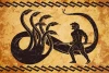 Hercules fighting the Hydra wallpaper 0377 - Graphic design featuring Hercules with a spear battling the multi-headed Hydra.