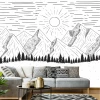 Mountain landscape wallpaper, Scandinavian style 0388 - Living room decor. Light walls, minimalist furniture.
