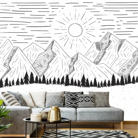 Mountain landscape wallpaper, Scandinavian style 0388 - Living room decor. Light walls, minimalist furniture.