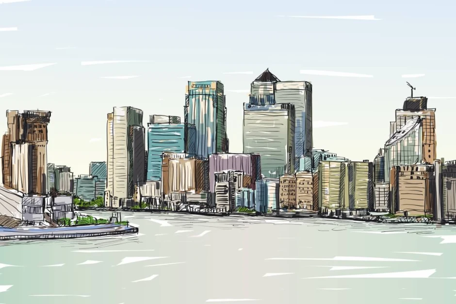London wallpaper, city skyline with a view of the Thames 0398 - Graphic design. Illustrated vision of skyscrapers by the river.
