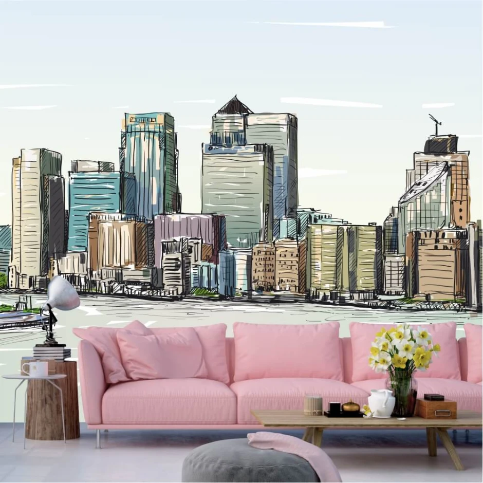 London wallpaper, city panorama with Thames view 0398 - Living room decor. Light-colored walls, furniture.
