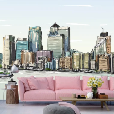London wallpaper, city panorama with Thames view 0398 - Living room decor. Light-colored walls, furniture.