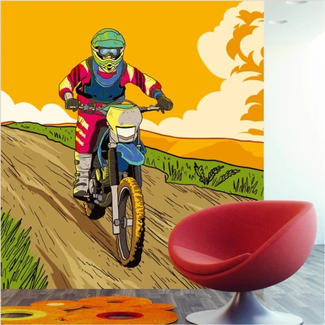 Enduro motorcycle wallpaper, cross in mountainous terrain 0384 - Graphic design with a bike on the road and a person in colorful attire.