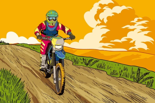 Enduro motorcycle wallpaper, cross in mountainous terrain 0384 - Graphic design with a bike on the road and green hills.