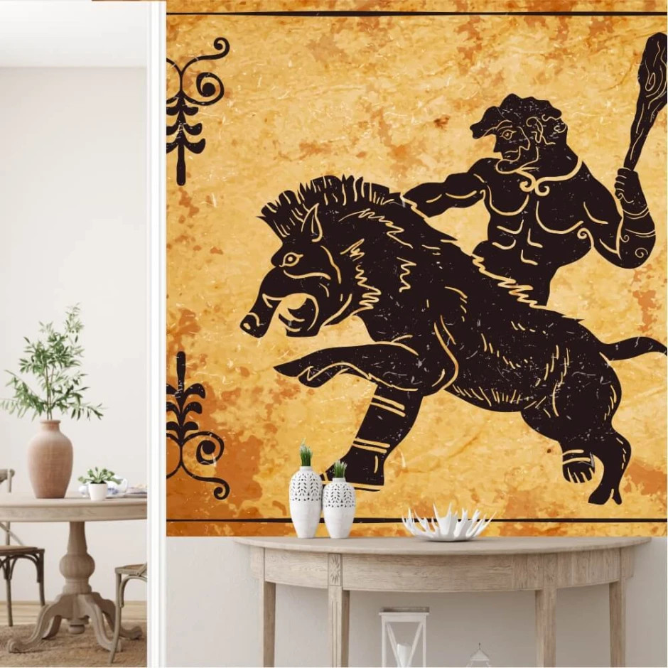 Hercules wallpaper battling the Erymanthian boar 0376 - Living room decor with light-colored walls, simple design.