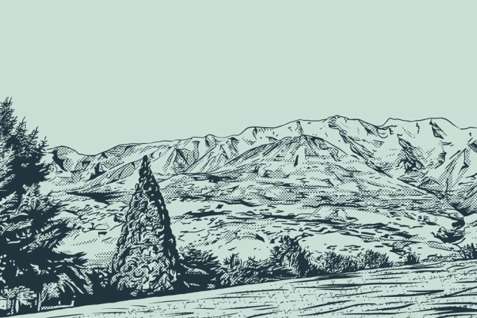 Mountain landscape wallpaper illustration 0405 - Graphic design featuring mountains with trees in the foreground.