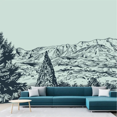 Mountain landscape wallpaper 0405 - Living room decor with light-colored walls and matching furniture.
