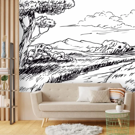 Wallpaper illustration of a rural road through fields 0403 - Living room arrangement with light-colored walls and furniture.