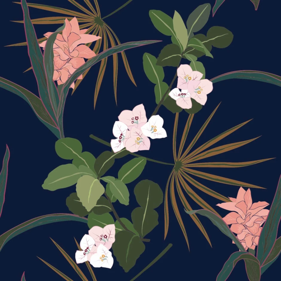 Wallpaper Leaves, Flowers 0411 - Graphic design. Pink and white flowers with green leaves on a dark background.