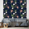 Leaf and flower wallpaper 0411 - Living room decor. Dark blue background with green leaves and pink flowers.