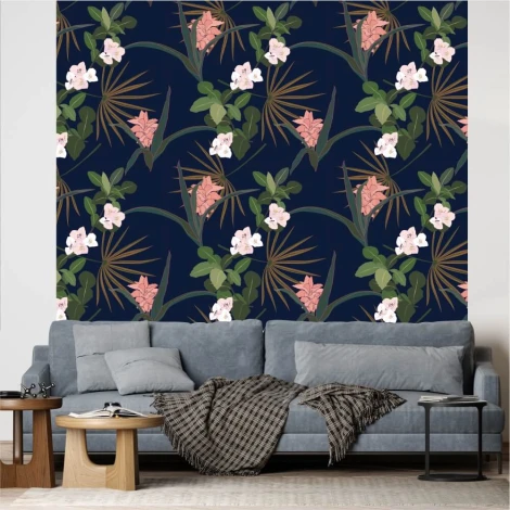 Leaf and flower wallpaper 0411 - Living room decor. Dark blue background with green leaves and pink flowers.