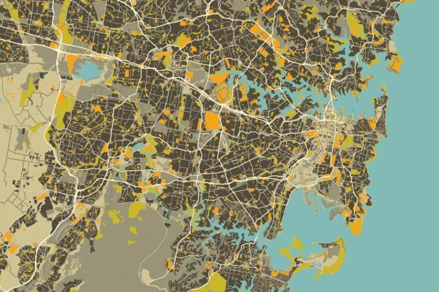 Vintage wall mural map of Sydney, Australia 0410 - Graphic design featuring streets, rivers, and green areas.