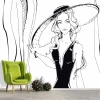 Wallpaper featuring a young girl in a hat, illustration 0394 - Styled in a modern interior with light-colored walls.