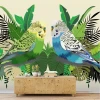 Budgie wallpaper among leaves 0382 - Living room decor with light-colored walls and natural furniture.