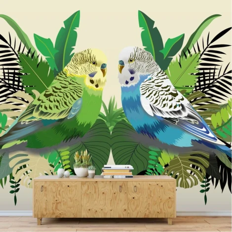 Budgie wallpaper among leaves 0382 - Living room decor with light-colored walls and natural furniture.