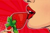 Pop-art wall mural featuring lips holding a strawberry against a backdrop of red rays.