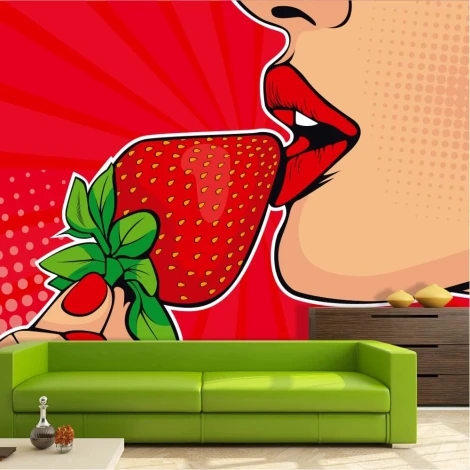Pop-art strawberry lips wallpaper 0393 - Modern living room decor with red walls and a green sofa.