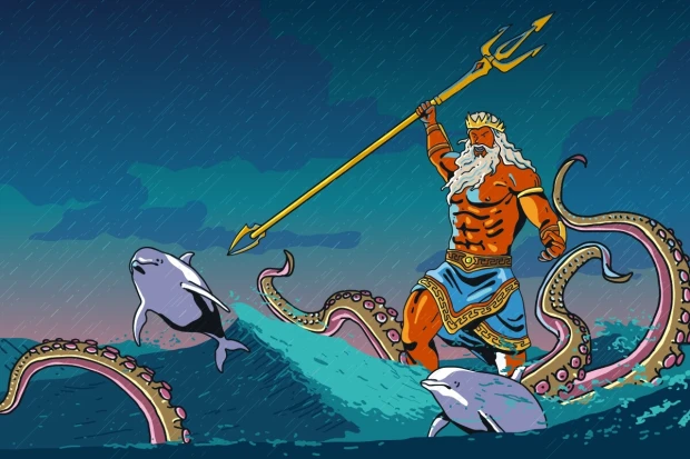 Wall mural of Poseidon battling an octopus 0387 - Graphic design featuring Poseidon with a trident and octopus.