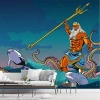 Poseidon wallpaper battling an octopus 0387 - Living room decor with blue and green wall shades.