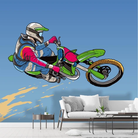 Motocross Jump Wall Mural 0383 - Styled in a modern living room with light walls and minimalist furniture.