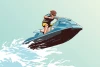 Water scooter wallpaper 0385 - Graphic design featuring a man on a jet ski jumping over waves.
