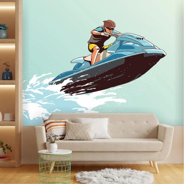 Water scooter wallpaper 0385 - Living room decor with light-colored walls and beige furniture.