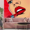 Pop-art wall wallpaper Lips, lipstick 0392 - Living room decor. Red wall with female graphic design.