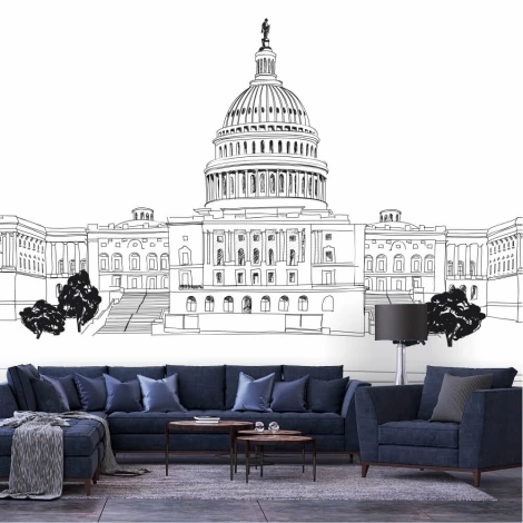 Washington Capitol wallpaper, illustration 0399 - Living room arrangement. Gray walls and dark furniture.