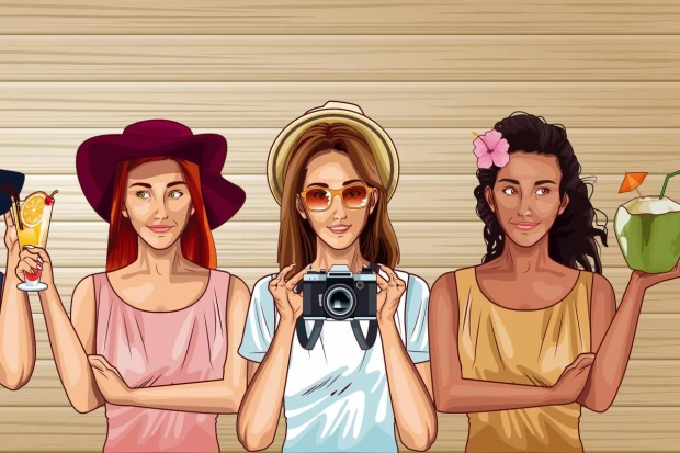 Wall wallpaper Vacations, women with a camera 0390 - Graphic design. Three women in summer outfits.