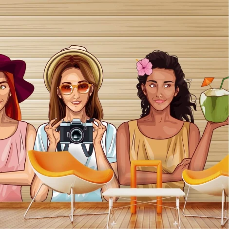 Wall mural Holidays, women with a camera 0390 - Living room decor. Light-colored walls, modern style.