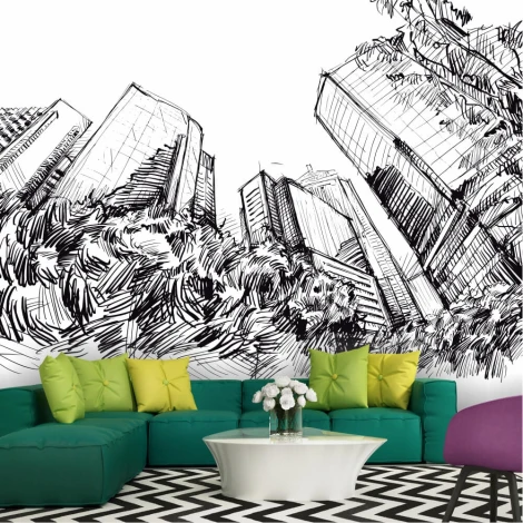 Wallpaper featuring Hong Kong skyscrapers, illustration 0395 - Living room setup with light-colored walls and furniture.
