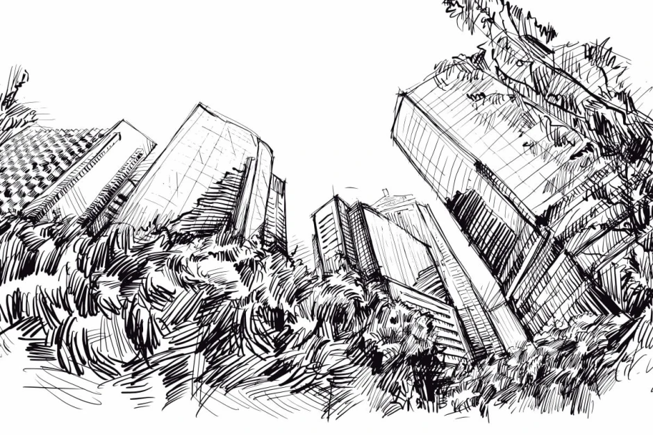 Wall mural of skyscrapers in Hong Kong, illustration 0395 - Graphic pattern featuring skyscrapers surrounded by greenery.
