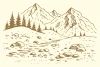 Mountain wallpaper, illustration 0391 - Graphic design featuring distinct mountain outlines, trees, and simple stones.