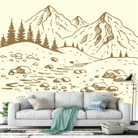 Mountain wallpaper illustration 0391 - Living room decor with light walls and gray furniture.