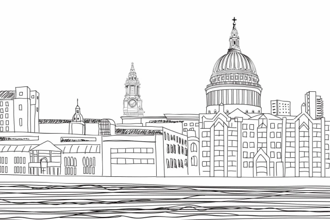 Wallpaper featuring St. Paul\'s Cathedral in London 0402 - Graphic design with a large dome and towers.