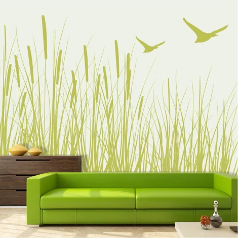 Wall wallpaper Dense grasses, geese 0404 - Living room setup. Green sofa against light walls with grass and bird graphics.