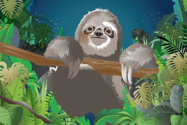 Sloth wallpaper 0386 - Graphic design featuring a sloth hanging on a branch among green leaves.